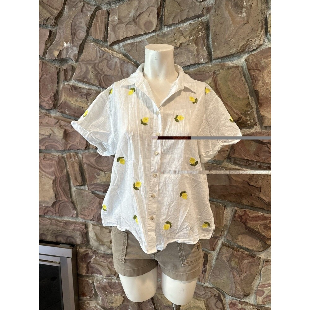 Anthropologie MAEVE EMBROIDERED Fruit Surf Shirt TOP BLOUSE LEMONS WHITE S- EUC - Picture 12 of 12